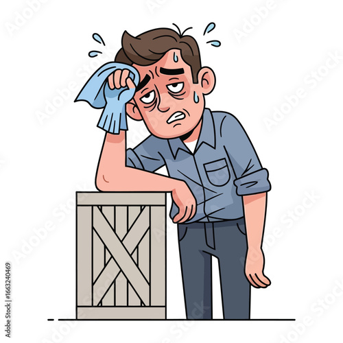 Exhausted: An overworked and overwhelmed individual is depicted, sweat dripping, as he grapples with the heat, underscoring themes of struggle, burnout, and the need for respite.