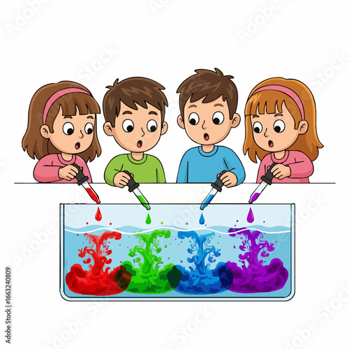 Cartoon Style Detailed Children Watching Chemistry Experiment in Laboratory Illustration