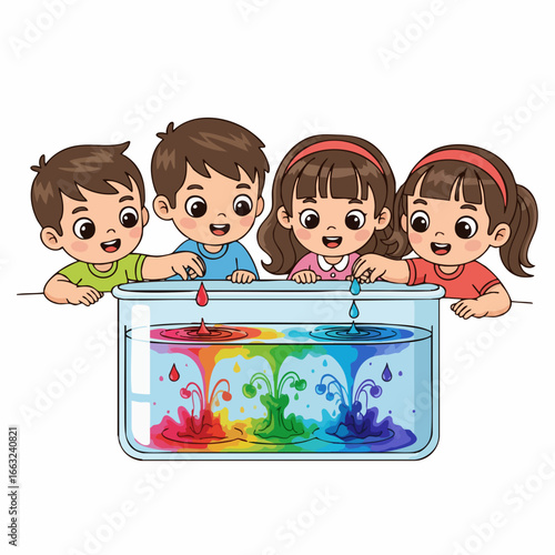 Colorful Cartoon Illustration of Children Doing Science Experiment in Laboratory