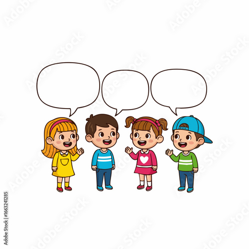 Cute Cartoon Style Four Kids Talking With Speech Bubbles Illustration