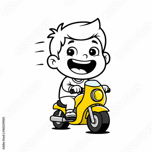Cartoon Style Cheerful Boy Riding Yellow Scooter Transportation Illustration