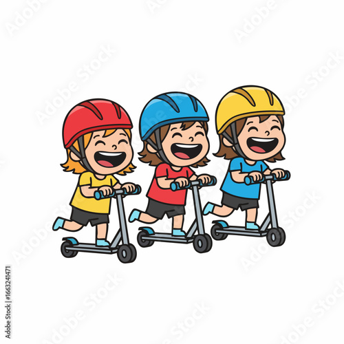 Cartoon Cheerful Children Riding Scooter Wearing Helmet Transportation Illustration