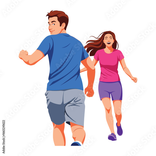 Energetic Couple Jogging Together: A joyful couple engaged in a spirited jog, symbolizing the vibrancy of life, outdoor activity, and shared experiences.