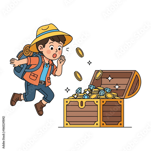 Adventure's Delight: A cartoon depiction of a young explorer discovering a treasure chest filled with glittering jewels and gold coins, sparking a sense of excitement and discovery.