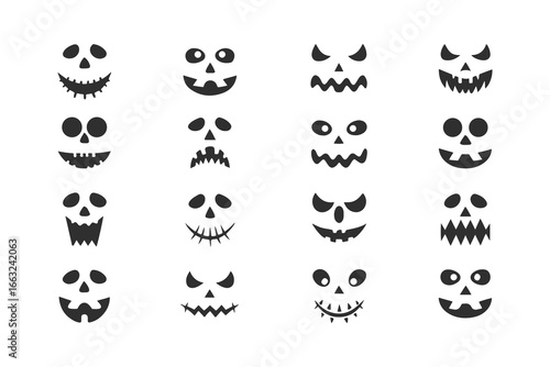 et of Jack o' Lantern Faces. Spooky Halloween pumpkin carving expressions collection. Vector scary, funny, and evil ghost monster face silhouettes isolated on white background.