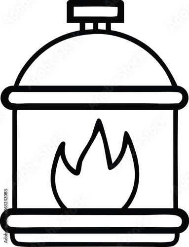 Simple line drawing of a portable camping stove with a flame inside fueling outdoor adventures white background