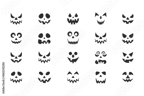 et of Jack o' Lantern Faces. Spooky Halloween pumpkin carving expressions collection. Vector scary, funny, and evil ghost monster face silhouettes isolated on white background.