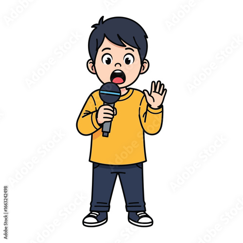 Speaking Up: A young boy with a microphone appears to be speaking, likely expressing himself with a message or song. The illustration captures the innocent charm and voice of a child. 