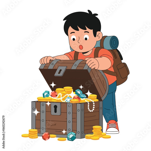 Curious Kid's Treasure Discovery: A wide-eyed young explorer gazes in astonishment at the treasures within a rustic chest, jewels and gold coins sparkle brightly.