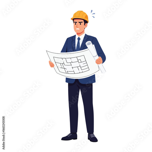 Architect's Blueprint Dilemma: A detailed illustration showcases an architect meticulously examining building plans, face etched with concern, highlighting the complexities of design.