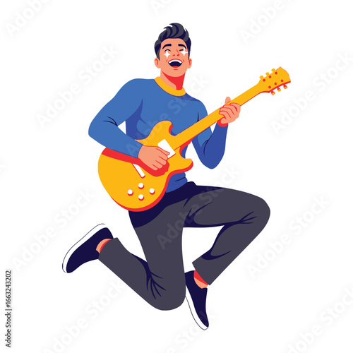 Joyful Melody: A dynamic depiction of a man mid-air, pouring his heart into music with a bright, electric guitar in his grasp, emanating pure joy and passion.