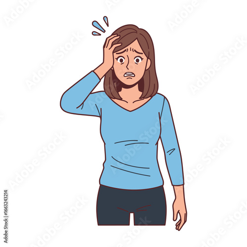 Overwhelmed: An illustrated woman embodies the feeling of being overwhelmed, with a hand on her forehead and a worried expression, radiating a sense of stress and anxiety.