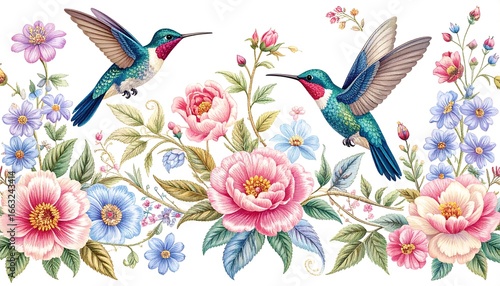 Fototapeta Naklejka Na Ścianę i Meble -  Floral Border with Two Hummingbirds in Flight
