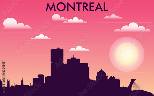 the silhouette of the city of Montreal against the backdrop of a sunset with a pink-orange sky.