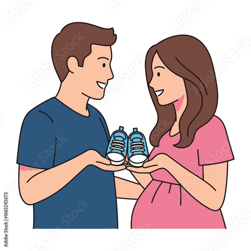 Mom-to-be with baby shoes: An illustration of a happy couple celebrating their joyous anticipation of parenthood. A mother-to-be and her partner celebrate by holding baby shoes together.