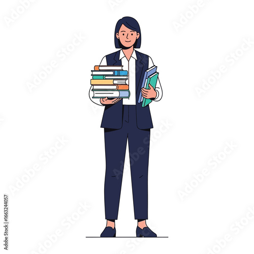 Dedicated Archivist: A well-groomed archivist, standing attentively, carries a substantial stack of literature, embodying studious pursuit and archival precision.