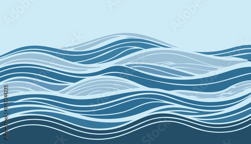 is a stylized image of water waves consisting of several smooth, wavy lines of different blue shades that overlap to create the effect of depth and movement.
