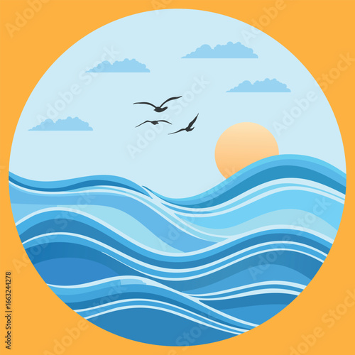 A peaceful seascape in a circle. The sun is setting or rising above the horizon, reflecting off the waves of the blue ocean. Several birds are flying in the sky, and there are light clouds. 