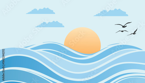 A stylized landscape with a sunset over the sea. The sun is large, orange in color, half hidden behind the horizon. 