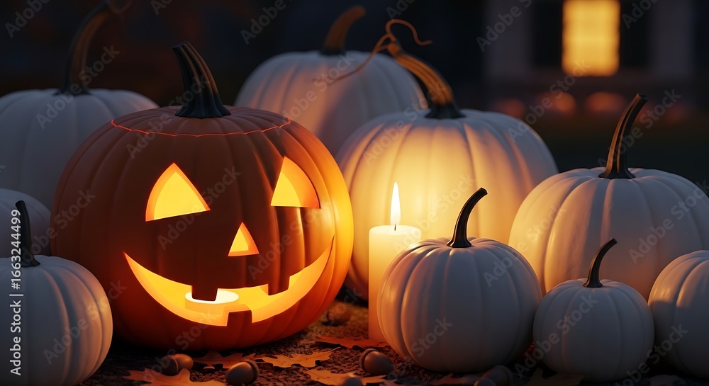 Obraz premium Glowing Jack-o'-lantern Surrounded by White Pumpkins and Candlelight at Night