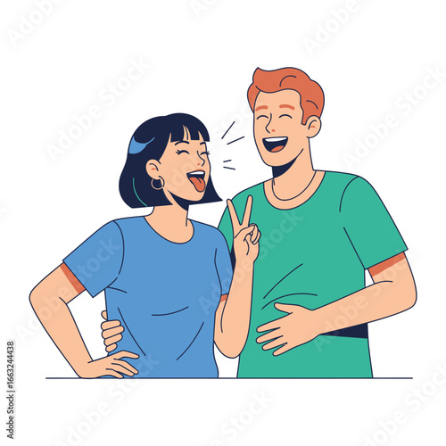 Joyful Laughter: An illustration capturing a man and woman sharing a moment of infectious laughter, their bond of friendship illuminating a scene filled with happiness.