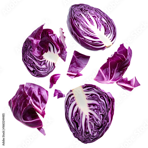 Vibrant Red Cabbage Slices Floating in Air Isolated on White Background