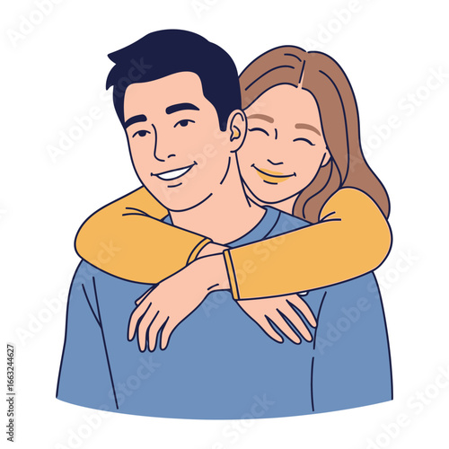 Affectionate Embrace: A loving couple shares a tender moment of affection, illustrated in a minimalist vector style. conveying a feeling of love, comfort, and emotional connection.