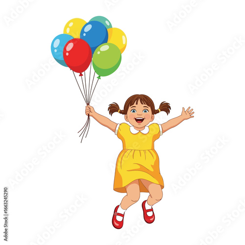 Joyful Girl and Balloons: A young girl, brimming with happiness, leaps into the air, her arms outstretched while clutching a vibrant bouquet of colorful balloons.