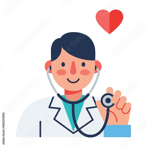 Doctor with a Healthy Heart: A dedicated medical professional, depicted in a stylized graphic, listens attentively with a stethoscope, symbolizing care and focus on well-being.