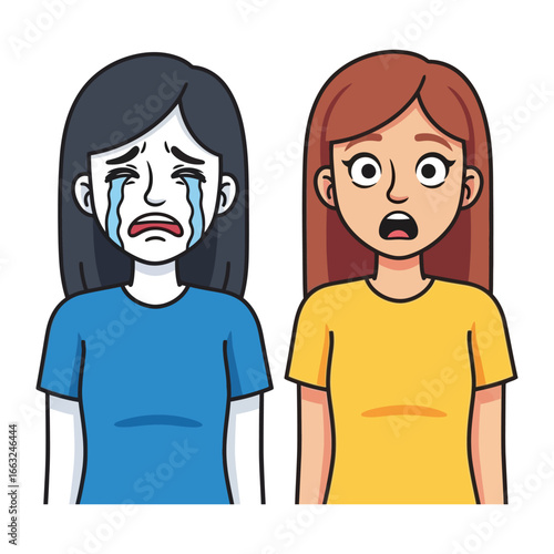 Emotions' Dualism: An illustration of two women portraying contrasting emotional states. One woman displays profound sadness with tears streaming down her face, while the other exhibits shock.