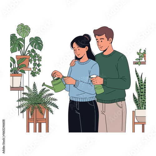 Plant Parenthood: A nurturing pair of individuals tend to their indoor botanical haven. They find shared joy and relaxation with each plant.