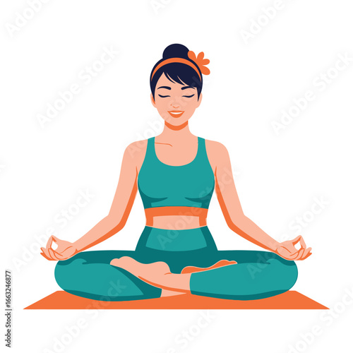 Serene Meditator: The artwork portrays a calm woman in a lotus position, absorbed in peaceful meditation, offering a visual embrace of mindfulness and tranquility.