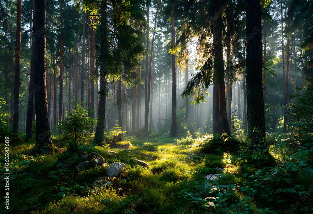 Naklejka premium Beautiful sunny morning in green forest