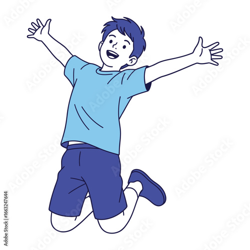 Joyful leap: A joyful boy with outstretched arms soars through the air in a celebratory jump, embodying pure happiness and the spirit of freedom.