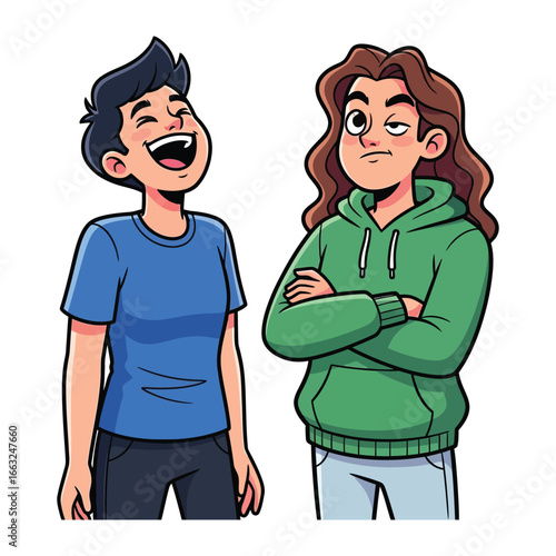 Contrasting Emotions: Two individuals express contrasting emotions in a bright and engaging illustration, one radiating laughter while the other wears an expression of skepticism.