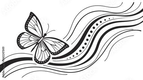 Stylized butterfly illustration with wavy lines and decorative dots in black and white design element created with generated ai