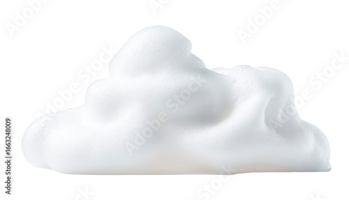 Smooth cosmetic mousse foam smear, airy and fluffy white texture with glossy highlights, soft and light appearance, isolated on clean white background, minimal skincare aesthetic