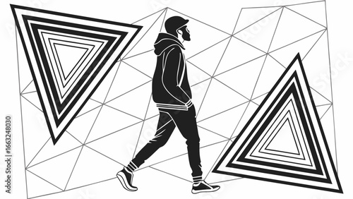 Silhouette of a man walking between layered triangles on a geometric background in black and white style created with generated ai