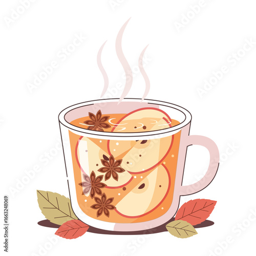 Cozy Apple Cider Delight: A steaming mug of warm apple cider, infused with slices of apple and aromatic star anise, perfect for chilly days and cozy moments.