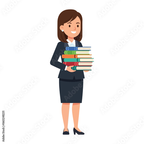 Teacher with books: A diligent teacher, dressed in formal attire, carries a towering stack of colorful books with grace and composure, symbolizing education, dedication, and a passion for knowledge.