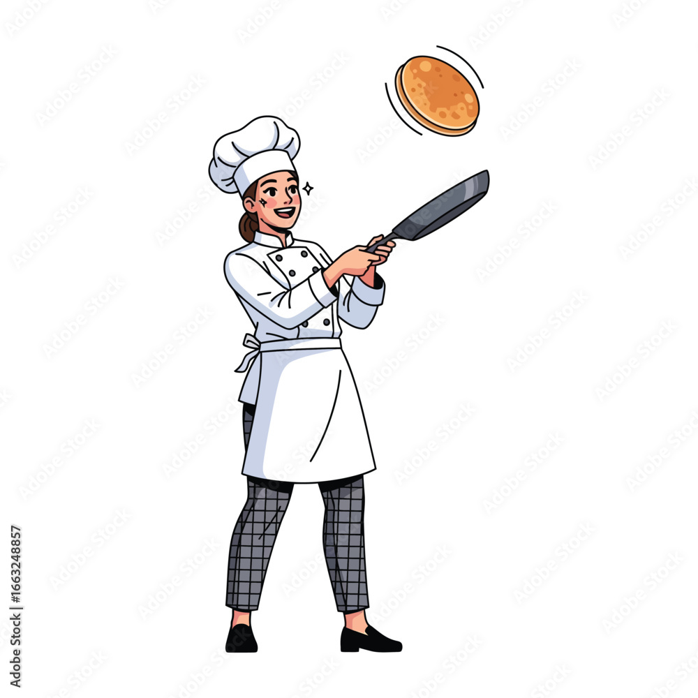 Naklejka premium Culinary Mastery: A female chef expertly flips a golden pancake in mid-air, showcasing her skill and passion for cooking. The scene exudes culinary delight and playful energy.