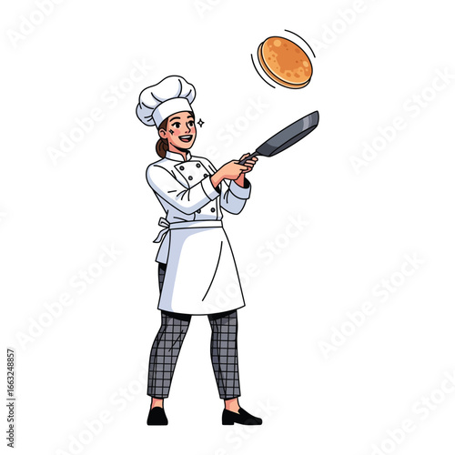 Culinary Mastery: A female chef expertly flips a golden pancake in mid-air, showcasing her skill and passion for cooking. The scene exudes culinary delight and playful energy.