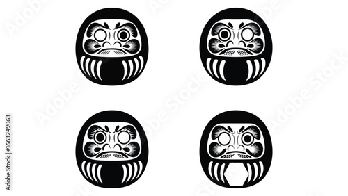 daruma doll illustration with traditional japanese face icons in black and white
