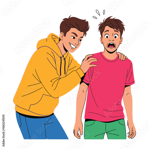 Confrontation and Unease:  An illustration depicting a complex interaction between two figures, one with a look of malicious intent, the other seemingly caught in a moment of dread.