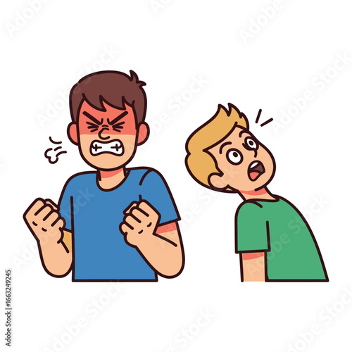 Animated Anger and Surprise: A dynamic illustration captures a moment of conflict and shock between two individuals, one displaying intense anger while the other reacts with stunned disbelief.