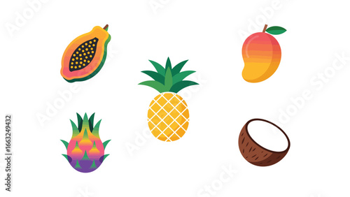 tropical fruit illustration with papaya mango pineapple coconut and dragon fruit icons
