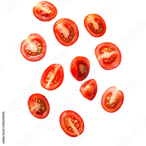 Vibrant Cherry Tomato Halves Descending - Fresh and Colorful Food Photography Image