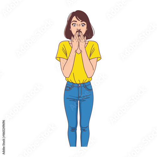 Surprised Expression: A woman in a yellow shirt and blue jeans expresses shock and astonishment by covering her mouth with her hands. Perfect for conveying surprise, disbelief, or sudden realization.
