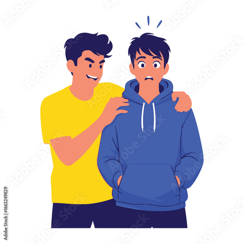 Unsettling encounter: An illustration portrays a scene of interpersonal conflict, showing a figure extending a hand towards a hesitant counterpart, encapsulating a sense of tension and unease.