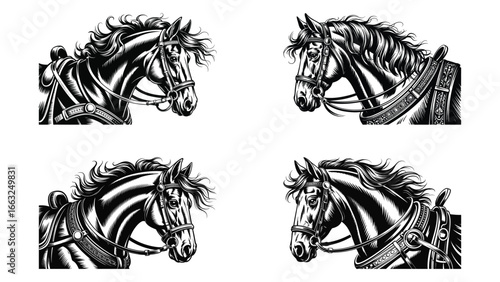horse illustration with detailed head drawing and harness design icons
